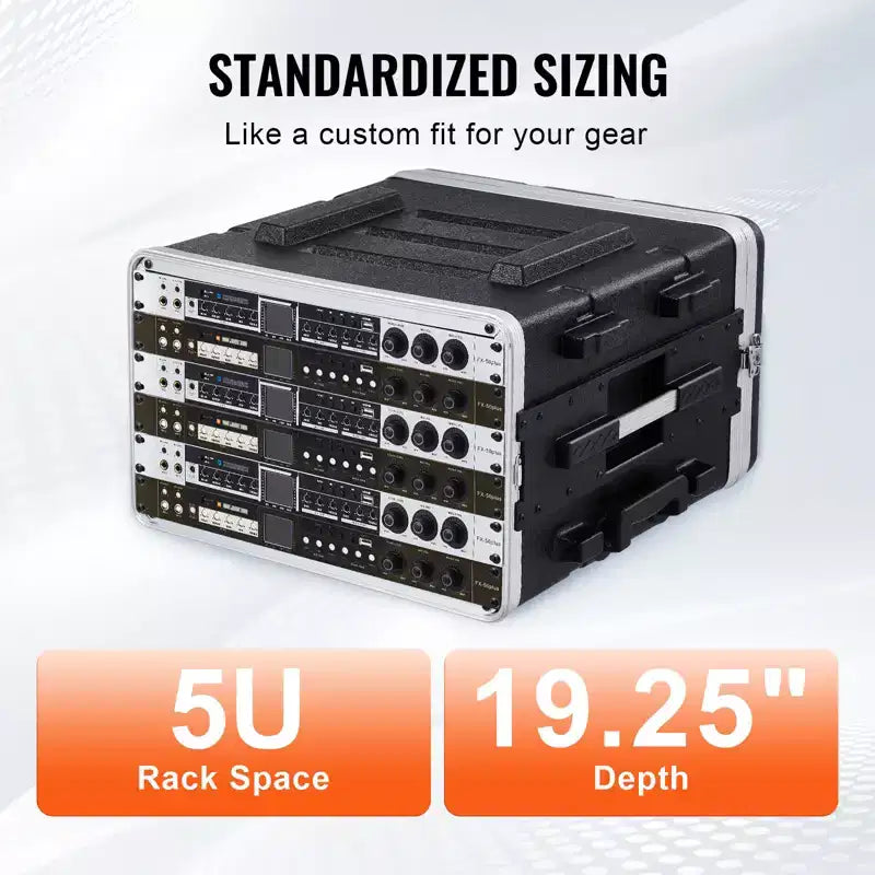 Flight case rack 6U, Profondità standard 19 pollici, Armadio rack server con struttura in ABS, Ruote e chiusure a farfalla robuste, Pannello frontale rimovibile, Nero