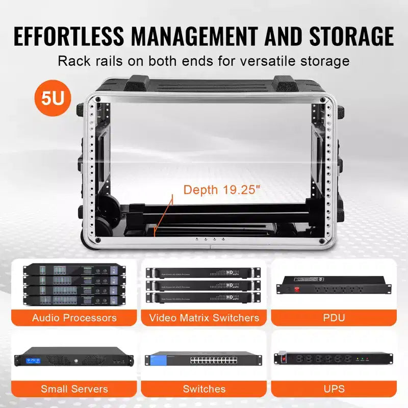 Flight case rack 6U, Profondità standard 19 pollici, Armadio rack server con struttura in ABS, Ruote e chiusure a farfalla robuste, Pannello frontale rimovibile, Nero