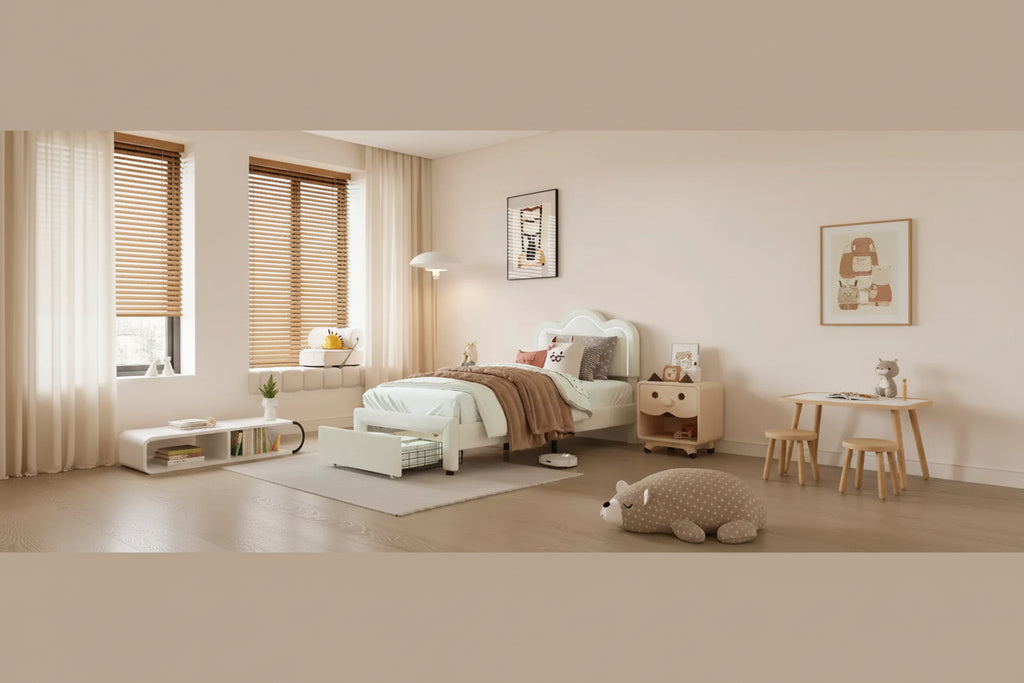 Telaio Letto Imbottito Singolo con Luci LED Intelligenti e Testiera a Orsetto Regolabile, Letto a Piattaforma in Velluto