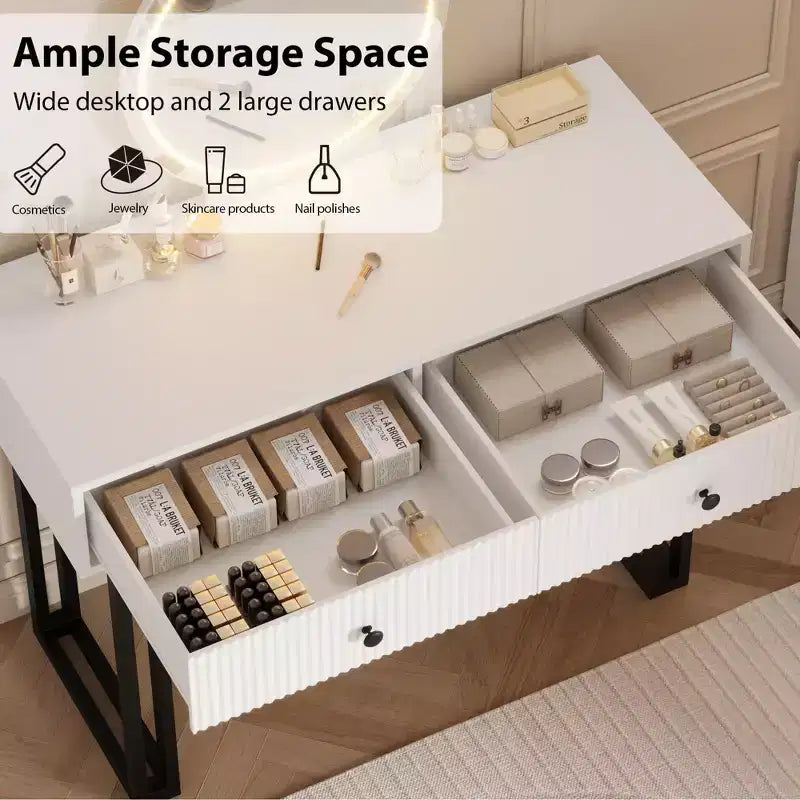 Toeletta con Specchio e Luci, Trucco Vanity con 2 Cassetti, Organizzatore Vanity Moderno con 3 Luci a Colori