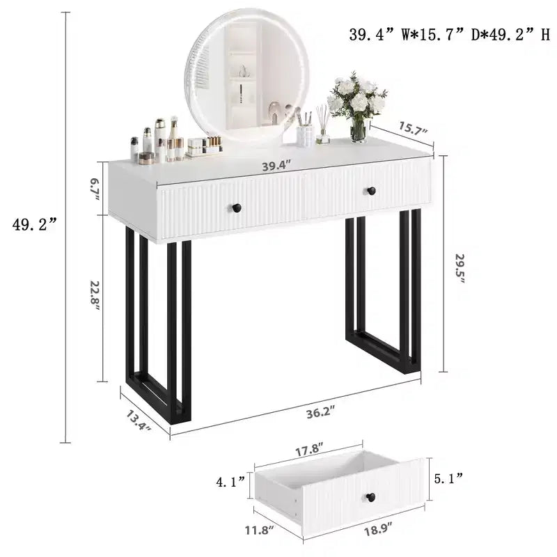 Toeletta con Specchio e Luci, Trucco Vanity con 2 Cassetti, Organizzatore Vanity Moderno con 3 Luci a Colori