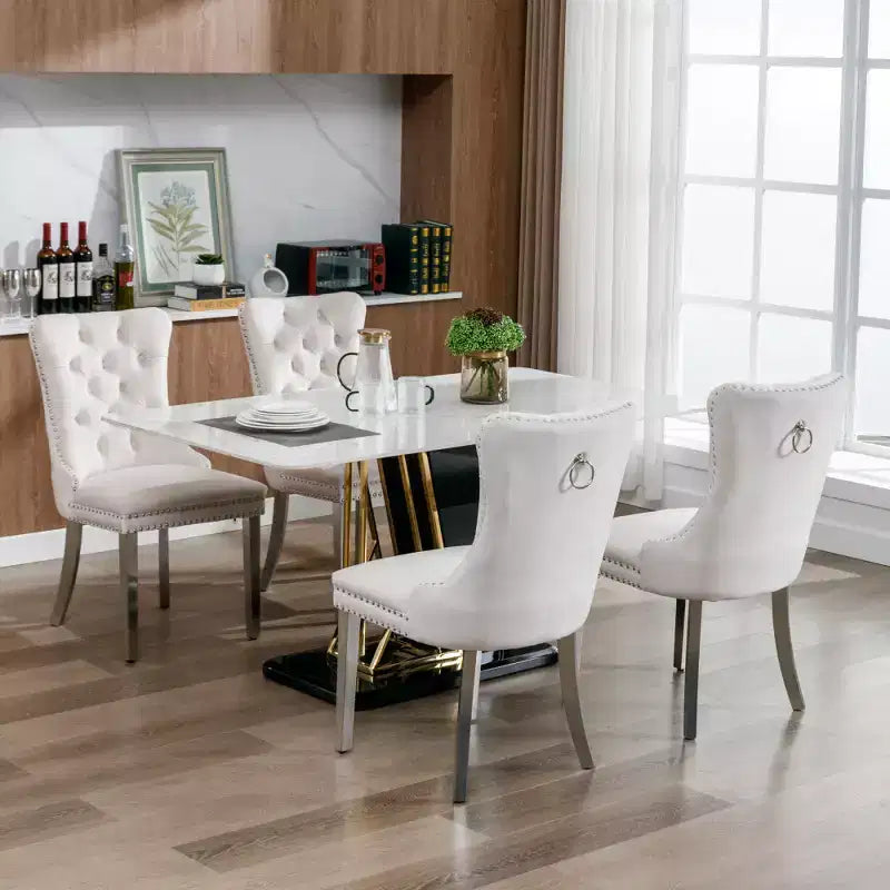 Set di 2 sedie da pranzo moderne in velluto con tappezzeria trapuntata di alta qualità, struttura in legno massello e gambe placcate in acciaio inossidabile cromato