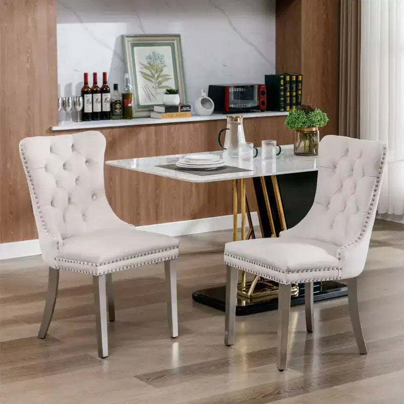 Set di 2 sedie da pranzo moderne in velluto con tappezzeria trapuntata di alta qualità, struttura in legno massello e gambe placcate in acciaio inossidabile cromato