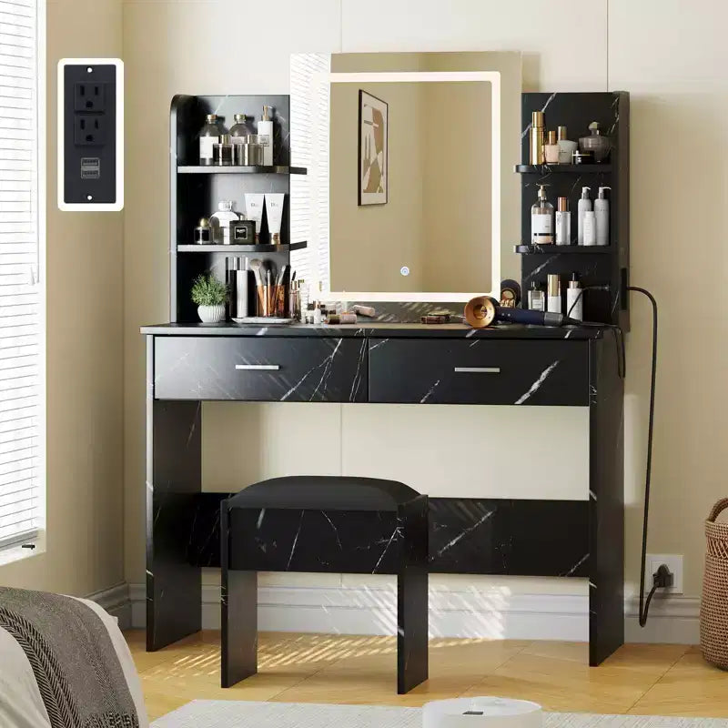 Set Toeletta Trucco, Tavolo da Trucco con 3 Modalità Colore e Sgabello Imbottito, 2 Cassetti, Ripiani Aperti, Moderna Toeletta per Camera da Letto