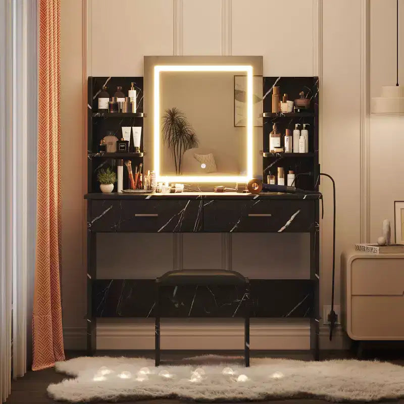 Set Toeletta Trucco, Tavolo da Trucco con 3 Modalità Colore e Sgabello Imbottito, 2 Cassetti, Ripiani Aperti, Moderna Toeletta per Camera da Letto