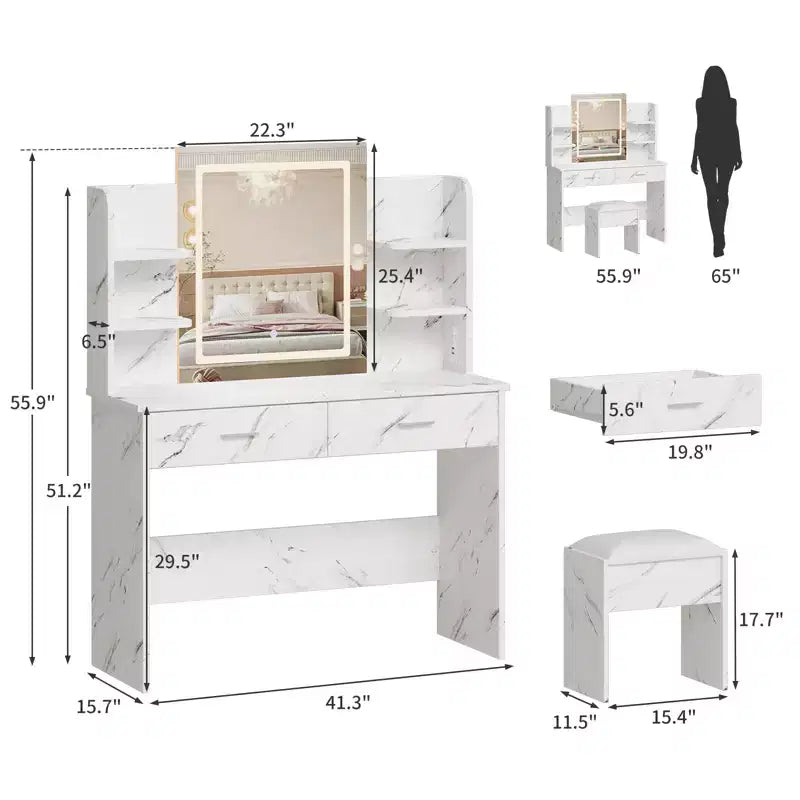 Set Toeletta Trucco, Tavolo da Trucco con 3 Modalità Colore e Sgabello Imbottito, 2 Cassetti, Ripiani Aperti, Moderna Toeletta per Camera da Letto