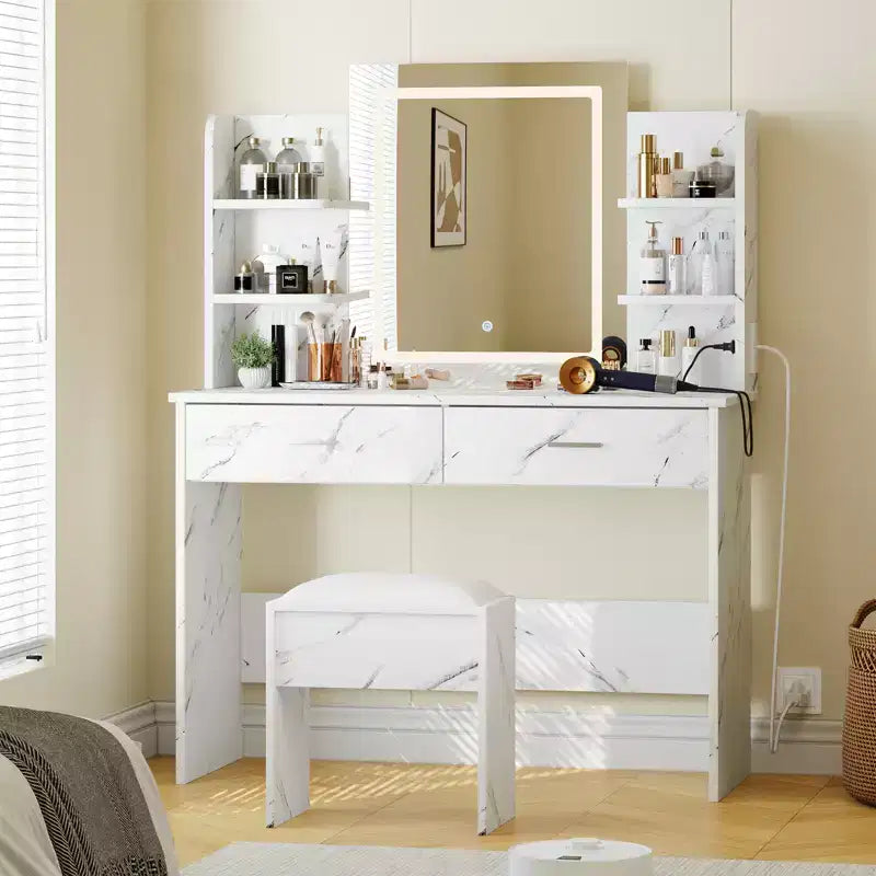 Set Toeletta Trucco, Tavolo da Trucco con 3 Modalità Colore e Sgabello Imbottito, 2 Cassetti, Ripiani Aperti, Moderna Toeletta per Camera da Letto