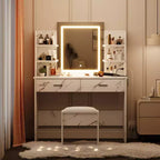 Set Toeletta Trucco, Tavolo da Trucco con 3 Modalità Colore e Sgabello Imbottito, 2 Cassetti, Ripiani Aperti, Moderna Toeletta per Camera da Letto