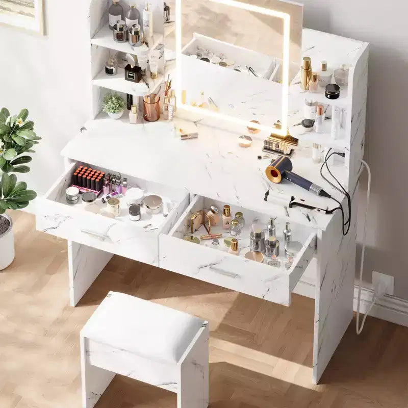 Set Toeletta Trucco, Tavolo da Trucco con 3 Modalità Colore e Sgabello Imbottito, 2 Cassetti, Ripiani Aperti, Moderna Toeletta per Camera da Letto