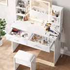 Set Toeletta Trucco, Tavolo da Trucco con 3 Modalità Colore e Sgabello Imbottito, 2 Cassetti, Ripiani Aperti, Moderna Toeletta per Camera da Letto