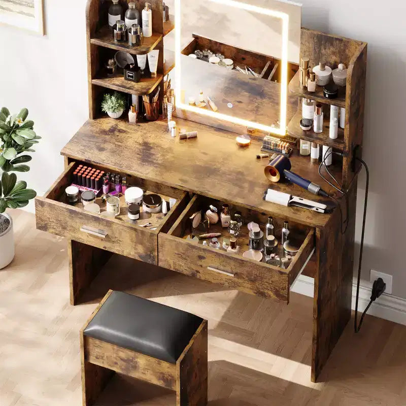 Set Toeletta Trucco, Tavolo da Trucco con 3 Modalità Colore e Sgabello Imbottito, 2 Cassetti, Ripiani Aperti, Moderna Toeletta per Camera da Letto