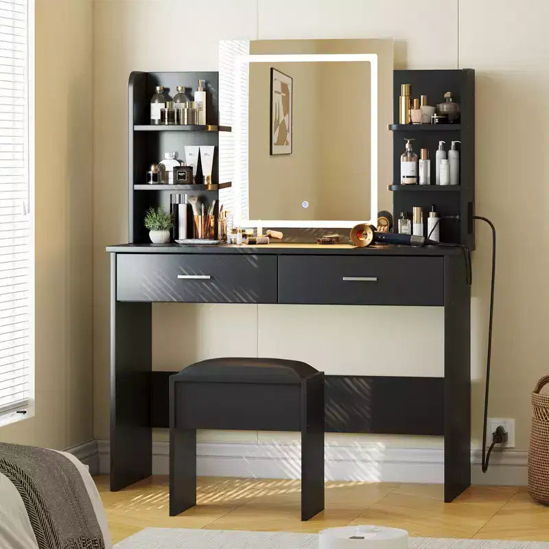 Set Toeletta Trucco, Tavolo da Trucco con 3 Modalità Colore e Sgabello Imbottito, 2 Cassetti, Ripiani Aperti, Moderna Toeletta per Camera da Letto