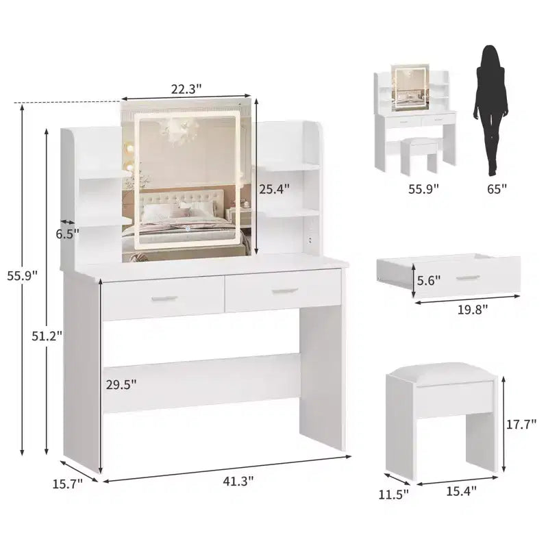 Set Toeletta Trucco, Tavolo da Trucco con 3 Modalità Colore e Sgabello Imbottito, 2 Cassetti, Ripiani Aperti, Moderna Toeletta per Camera da Letto