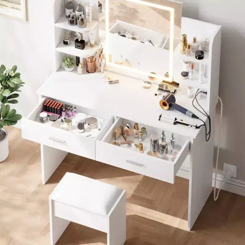 Set Toeletta Trucco, Tavolo da Trucco con 3 Modalità Colore e Sgabello Imbottito, 2 Cassetti, Ripiani Aperti, Moderna Toeletta per Camera da Letto