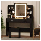 Set Toeletta Trucco, Tavolo da Trucco con 3 Modalità Colore e Sgabello Imbottito, 2 Cassetti, Ripiani Aperti, Moderna Toeletta per Camera da Letto