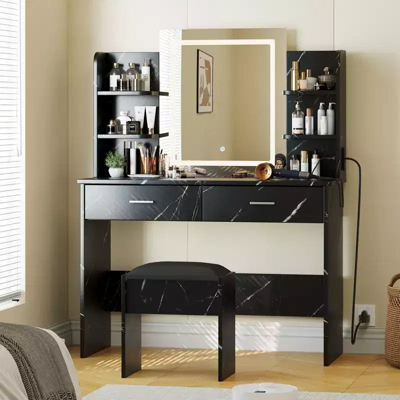 Set Toeletta Trucco, Tavolo da Trucco con 3 Modalità Colore e Sgabello Imbottito, 2 Cassetti, Ripiani Aperti, Moderna Toeletta per Camera da Letto