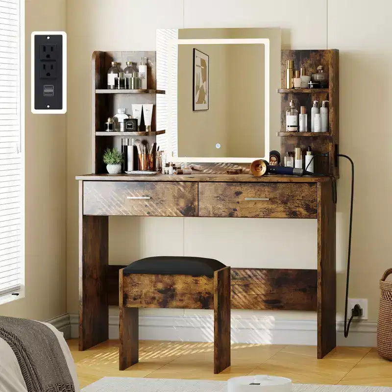 Set Toeletta Trucco, Tavolo da Trucco con 3 Modalità Colore e Sgabello Imbottito, 2 Cassetti, Ripiani Aperti, Moderna Toeletta per Camera da Letto
