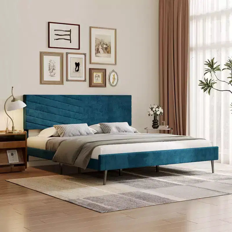 Letto a piattaforma King imbottito in velluto, struttura letto moderna, supporto con doghe in legno, testiera regolabile, non necessita di box spring