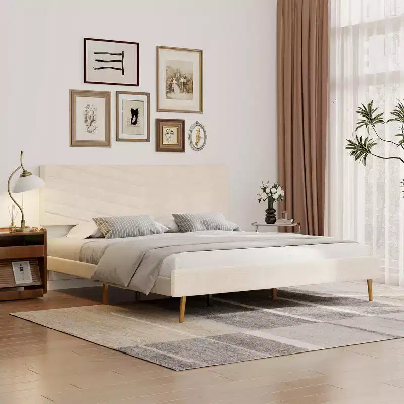 Letto a piattaforma King imbottito in velluto, struttura letto moderna, supporto con doghe in legno, testiera regolabile, non necessita di box spring