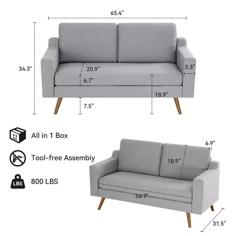 Divanetto a 2 posti da 166 cm, comodo divanetto per soggiorno, divano piccolo moderno di metà secolo per camera da letto ufficio con cuscino a molle