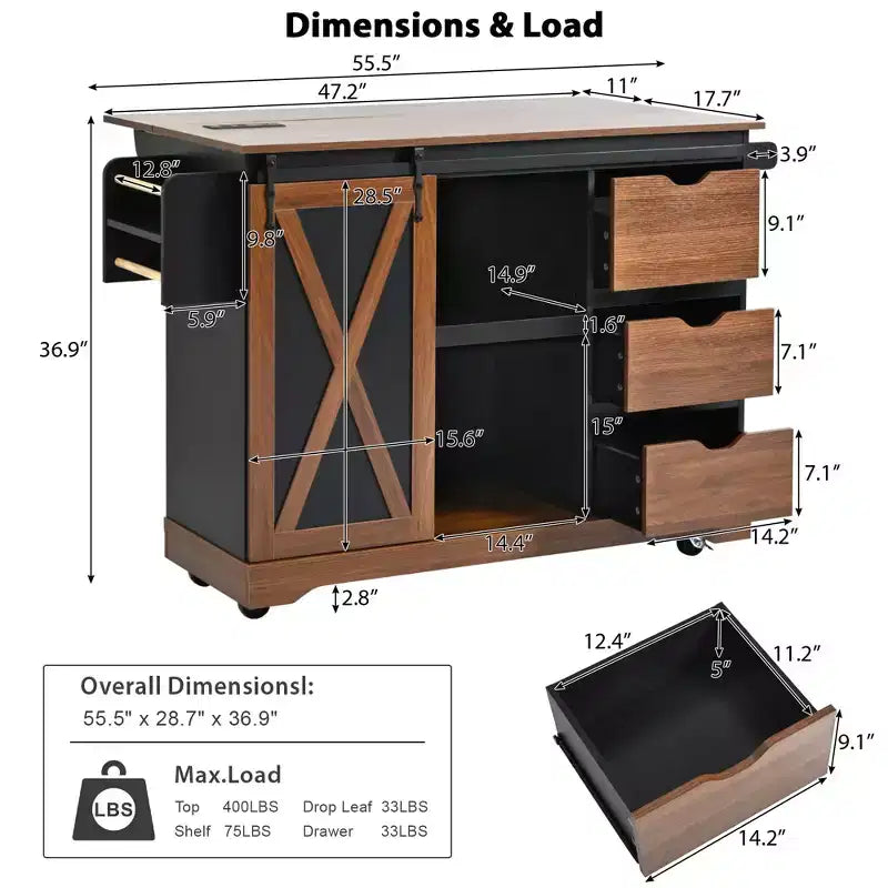 Isola da Cucina in Stile Fattoria con Anta a Ribalta, Mobiletto con Anta Scorrevole "Barn Door", Carrello su Ruote con Porta Spezie e Porta Salviette, Presa Elettrica e Ripiani Regolabili