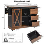 Isola da Cucina in Stile Fattoria con Anta a Ribalta, Mobiletto con Anta Scorrevole "Barn Door", Carrello su Ruote con Porta Spezie e Porta Salviette, Presa Elettrica e Ripiani Regolabili