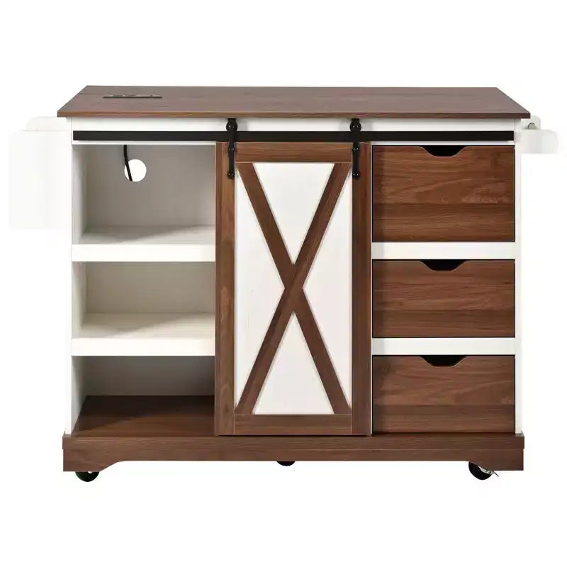 Isola da Cucina in Stile Fattoria con Anta a Ribalta, Mobiletto con Anta Scorrevole "Barn Door", Carrello su Ruote con Porta Spezie e Porta Salviette, Presa Elettrica e Ripiani Regolabili