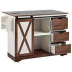 Isola da Cucina in Stile Fattoria con Anta a Ribalta, Mobiletto con Anta Scorrevole "Barn Door", Carrello su Ruote con Porta Spezie e Porta Salviette, Presa Elettrica e Ripiani Regolabili