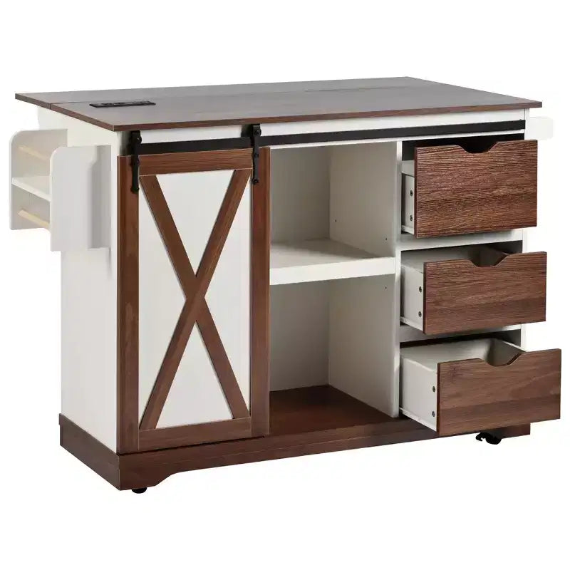 Isola da Cucina in Stile Fattoria con Anta a Ribalta, Mobiletto con Anta Scorrevole "Barn Door", Carrello su Ruote con Porta Spezie e Porta Salviette, Presa Elettrica e Ripiani Regolabili