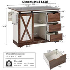Isola da Cucina in Stile Fattoria con Anta a Ribalta, Mobiletto con Anta Scorrevole "Barn Door", Carrello su Ruote con Porta Spezie e Porta Salviette, Presa Elettrica e Ripiani Regolabili