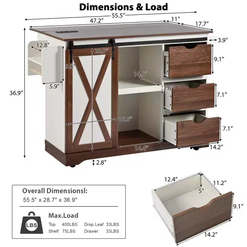 Isola da Cucina in Stile Fattoria con Anta a Ribalta, Mobiletto con Anta Scorrevole "Barn Door", Carrello su Ruote con Porta Spezie e Porta Salviette, Presa Elettrica e Ripiani Regolabili
