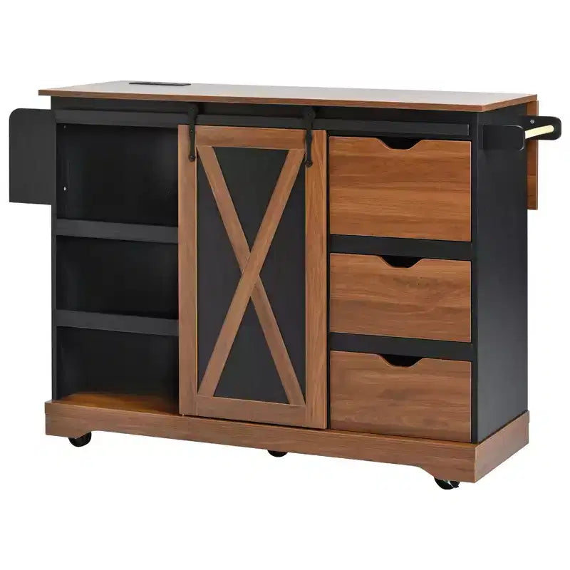 Isola da Cucina in Stile Fattoria con Anta a Ribalta, Mobiletto con Anta Scorrevole "Barn Door", Carrello su Ruote con Porta Spezie e Porta Salviette, Presa Elettrica e Ripiani Regolabili