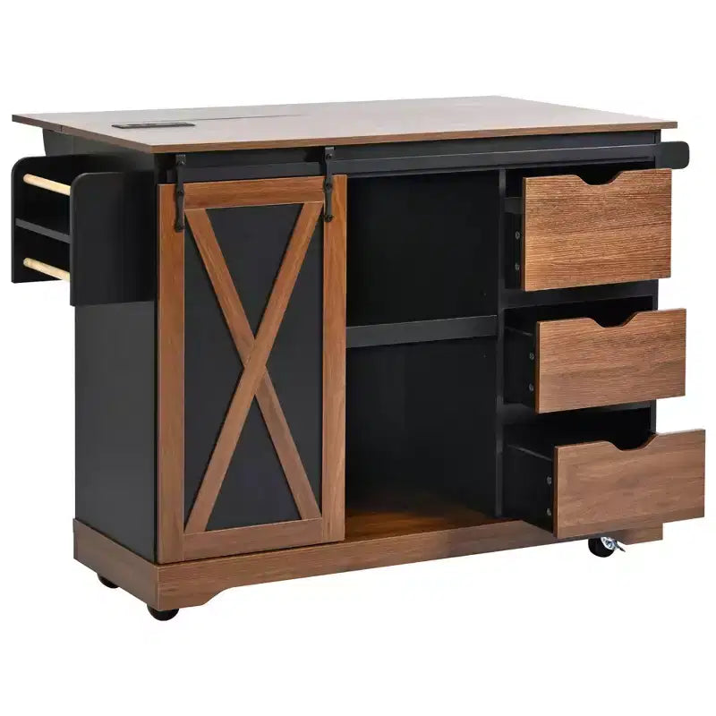 Isola da Cucina in Stile Fattoria con Anta a Ribalta, Mobiletto con Anta Scorrevole "Barn Door", Carrello su Ruote con Porta Spezie e Porta Salviette, Presa Elettrica e Ripiani Regolabili
