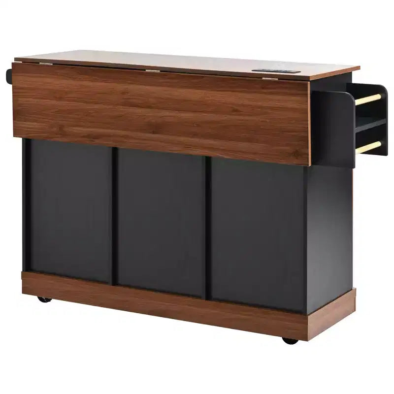 Isola da Cucina in Stile Fattoria con Anta a Ribalta, Mobiletto con Anta Scorrevole "Barn Door", Carrello su Ruote con Porta Spezie e Porta Salviette, Presa Elettrica e Ripiani Regolabili