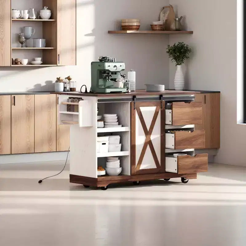 Isola da Cucina in Stile Fattoria con Anta a Ribalta, Mobiletto con Anta Scorrevole "Barn Door", Carrello su Ruote con Porta Spezie e Porta Salviette, Presa Elettrica e Ripiani Regolabili