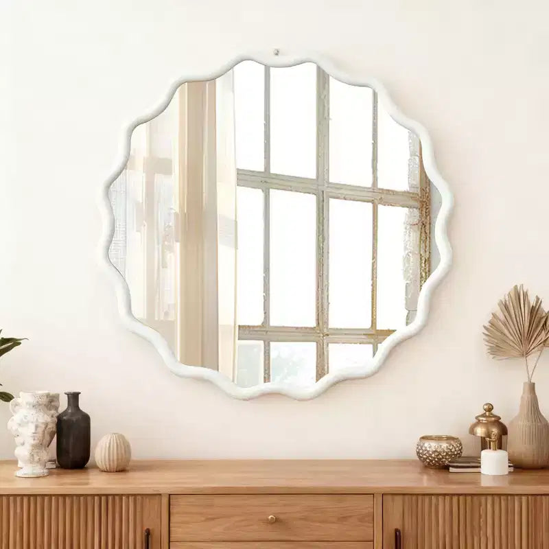 Specchio Decorativo Rotondo Ondulato da 30 Pollici con Cornice in Legno Massello Bianco, Per Camera da Letto, Bagno, Soggiorno, Ingresso