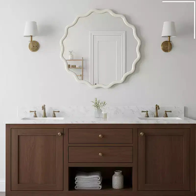 Specchio Decorativo Rotondo Ondulato da 30 Pollici con Cornice in Legno Massello Bianco, Per Camera da Letto, Bagno, Soggiorno, Ingresso