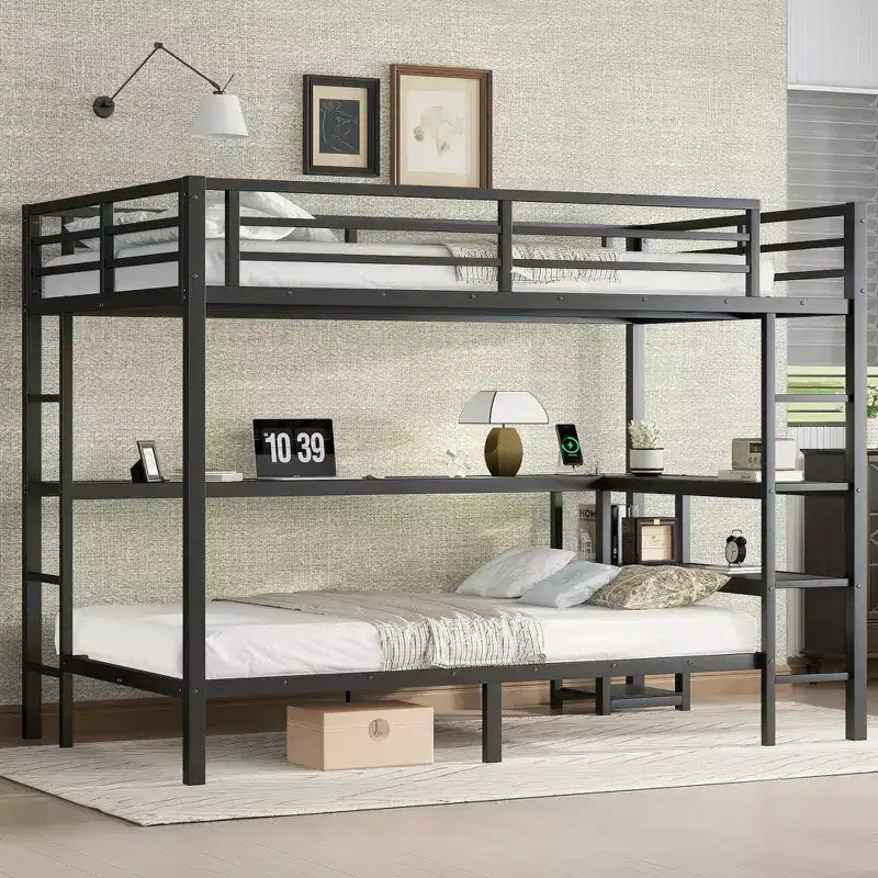 Bellemave Full Over Twin Bunk Bed with Desk, LED Light & USB, Sturdy Metal Frame, Multi-Placement, Storage Shelves, Safe CPC-Certified, Black