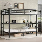 Bellemave Full Over Twin Bunk Bed with Desk, LED Light & USB, Sturdy Metal Frame, Multi-Placement, Storage Shelves, Safe CPC-Certified, Black