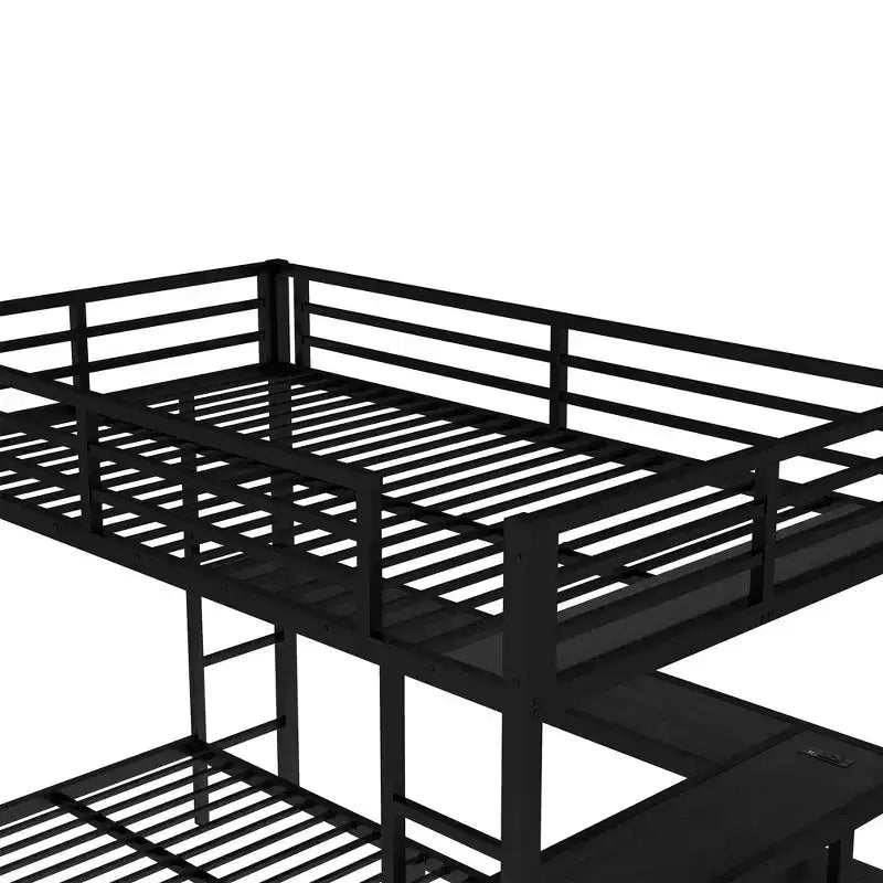 Letto a castello matrimoniale superiore con letto singolo inferiore, scrivania, luci a LED e USB, robusto telaio in metallo, posizionamento multiplo, ripiani portaoggetti, sicuro e certificato CPC, nero
