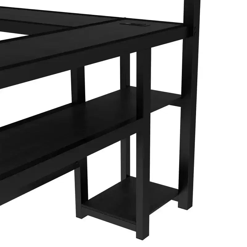 Letto a castello matrimoniale superiore con letto singolo inferiore, scrivania, luci a LED e USB, robusto telaio in metallo, posizionamento multiplo, ripiani portaoggetti, sicuro e certificato CPC, nero