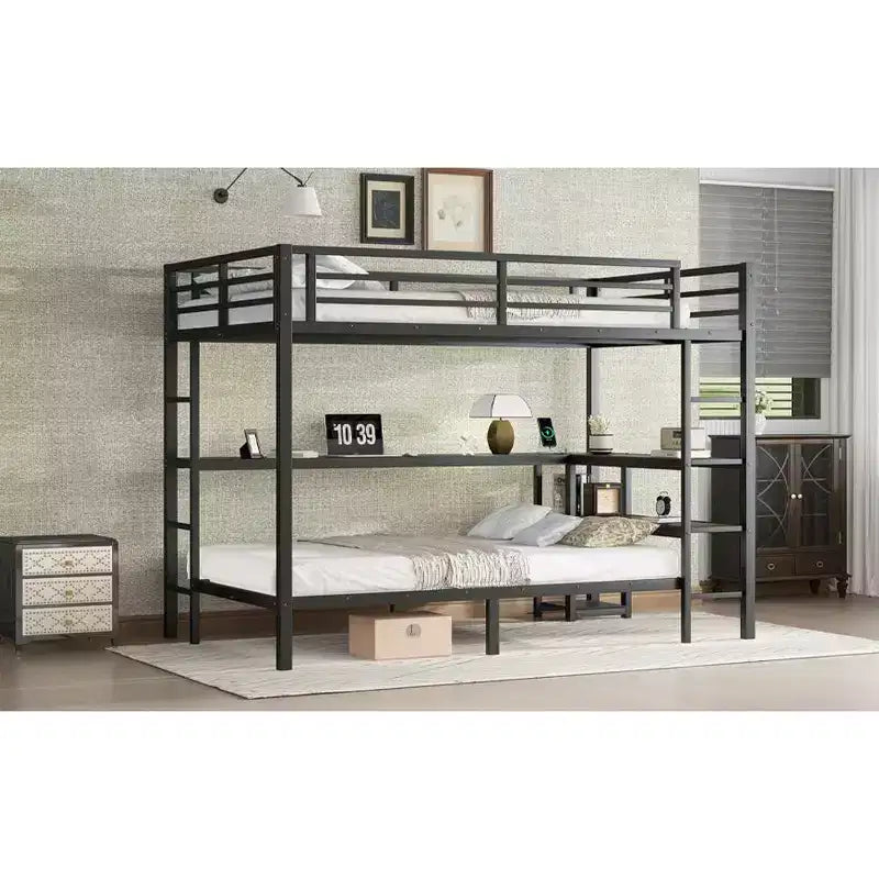 Letto a castello matrimoniale superiore con letto singolo inferiore, scrivania, luci a LED e USB, robusto telaio in metallo, posizionamento multiplo, ripiani portaoggetti, sicuro e certificato CPC, nero