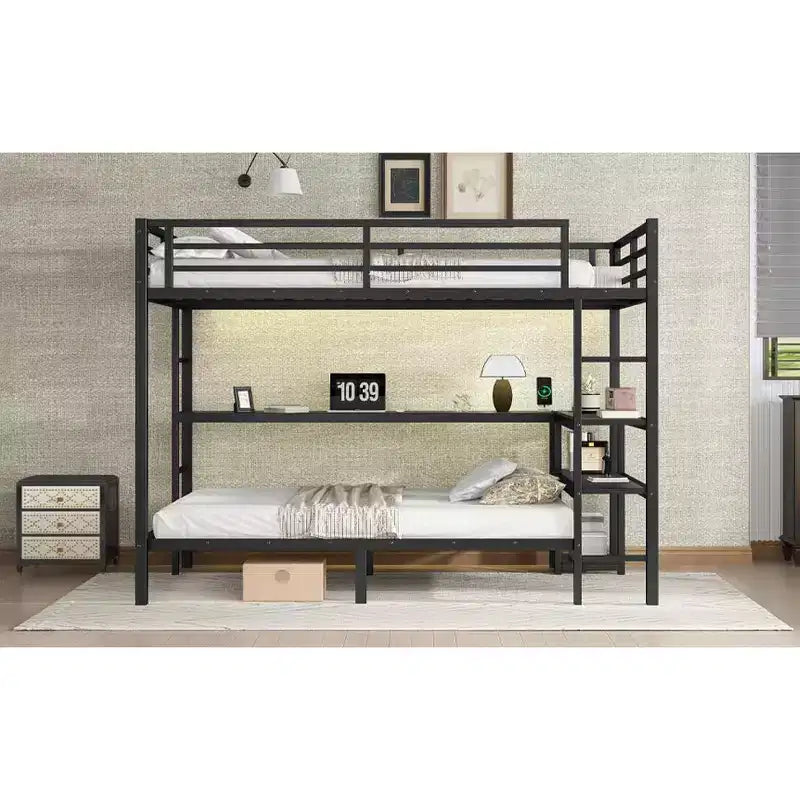 Letto a castello matrimoniale superiore con letto singolo inferiore, scrivania, luci a LED e USB, robusto telaio in metallo, posizionamento multiplo, ripiani portaoggetti, sicuro e certificato CPC, nero
