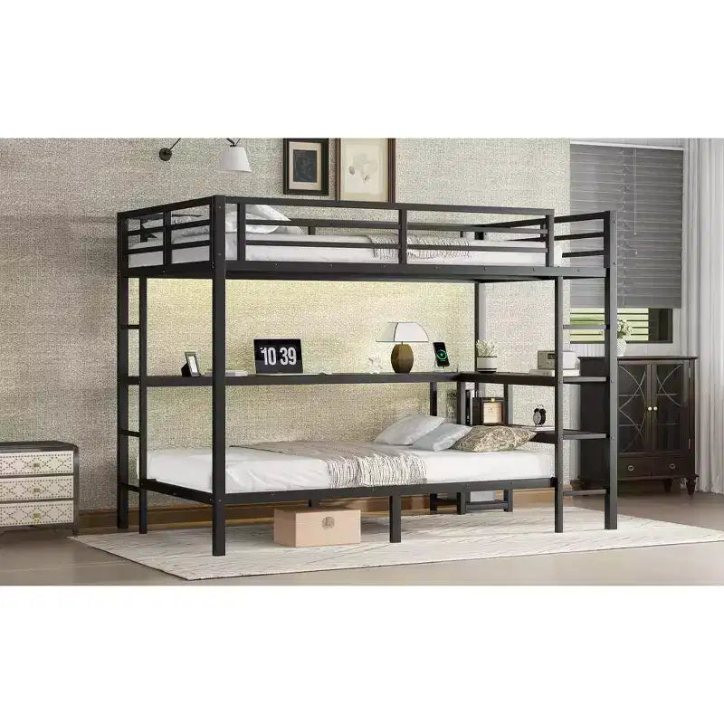Letto a castello matrimoniale superiore con letto singolo inferiore, scrivania, luci a LED e USB, robusto telaio in metallo, posizionamento multiplo, ripiani portaoggetti, sicuro e certificato CPC, nero