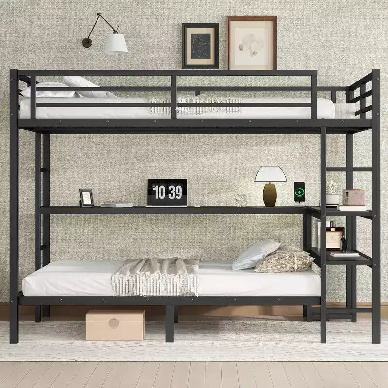 Letto a castello matrimoniale superiore con letto singolo inferiore, scrivania, luci a LED e USB, robusto telaio in metallo, posizionamento multiplo, ripiani portaoggetti, sicuro e certificato CPC, nero