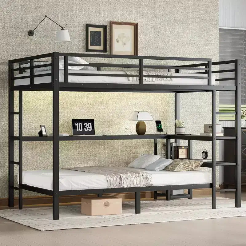 Letto a castello matrimoniale superiore con letto singolo inferiore, scrivania, luci a LED e USB, robusto telaio in metallo, posizionamento multiplo, ripiani portaoggetti, sicuro e certificato CPC, nero