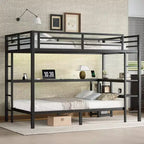 Letto a castello matrimoniale superiore con letto singolo inferiore, scrivania, luci a LED e USB, robusto telaio in metallo, posizionamento multiplo, ripiani portaoggetti, sicuro e certificato CPC, nero