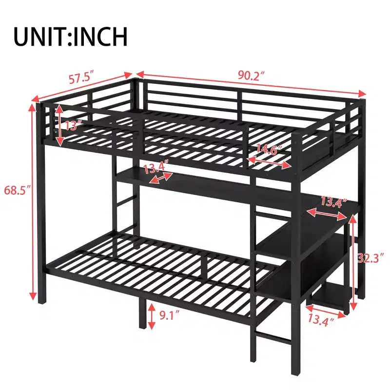 Letto a castello matrimoniale superiore con letto singolo inferiore, scrivania, luci a LED e USB, robusto telaio in metallo, posizionamento multiplo, ripiani portaoggetti, sicuro e certificato CPC, nero