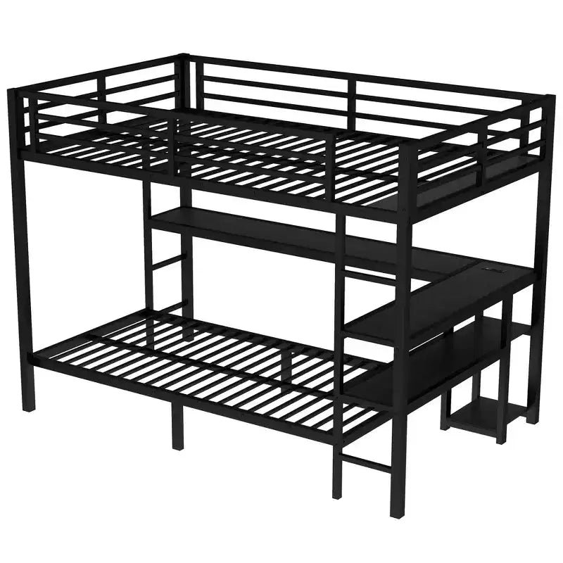Letto a castello matrimoniale superiore con letto singolo inferiore, scrivania, luci a LED e USB, robusto telaio in metallo, posizionamento multiplo, ripiani portaoggetti, sicuro e certificato CPC, nero