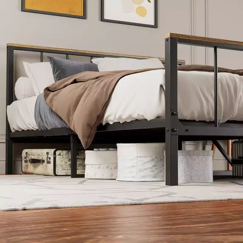 Base letto a piattaforma in metallo con testiera e pediera, robusto telaio in metallo, non è necessario il box spring (Queen)